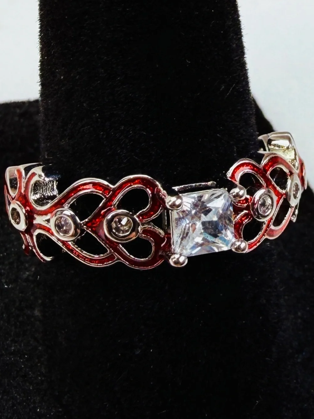 Beautiful, silvertone, red enamel, heart, clear, bling costume ring size 8